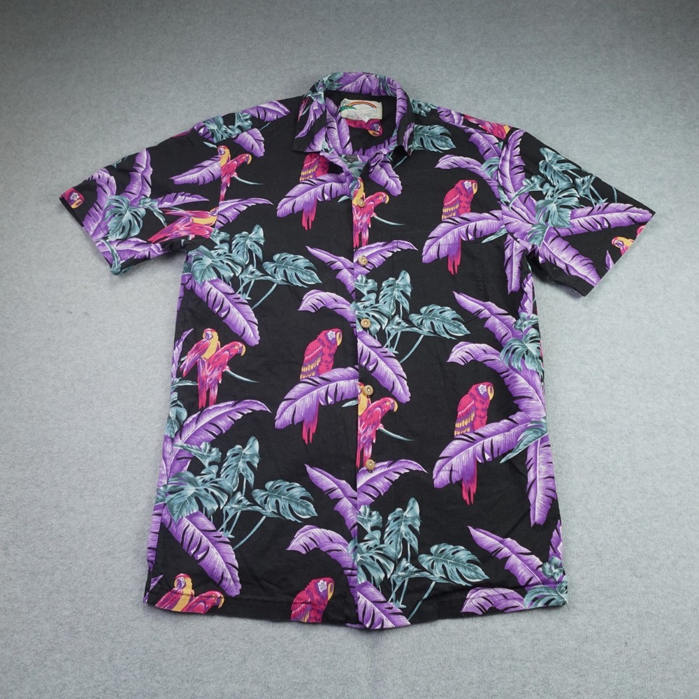 Paradise Found Shirt Mens Small Black Parrot Tropical Leaf Hawaiian Aloha Button